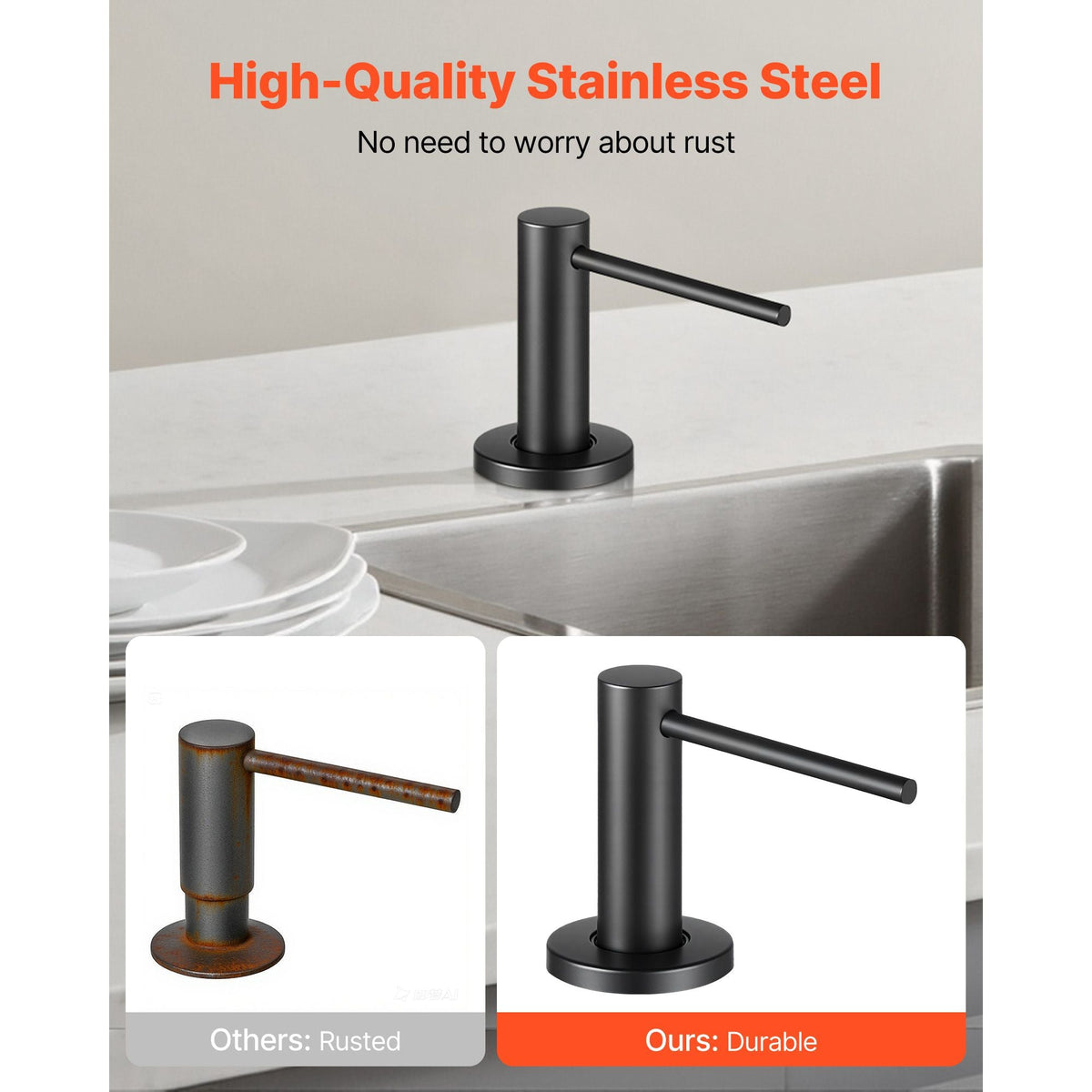 Soap Dispenser for Kitchen Sink, Stainless Steel Built in Sink Soap Dispenser with 17OZ Refillable Bottle, Countertop Dish Soap-Dispenser with 360° Rotation Pump Head, for Kitchen Bathroom