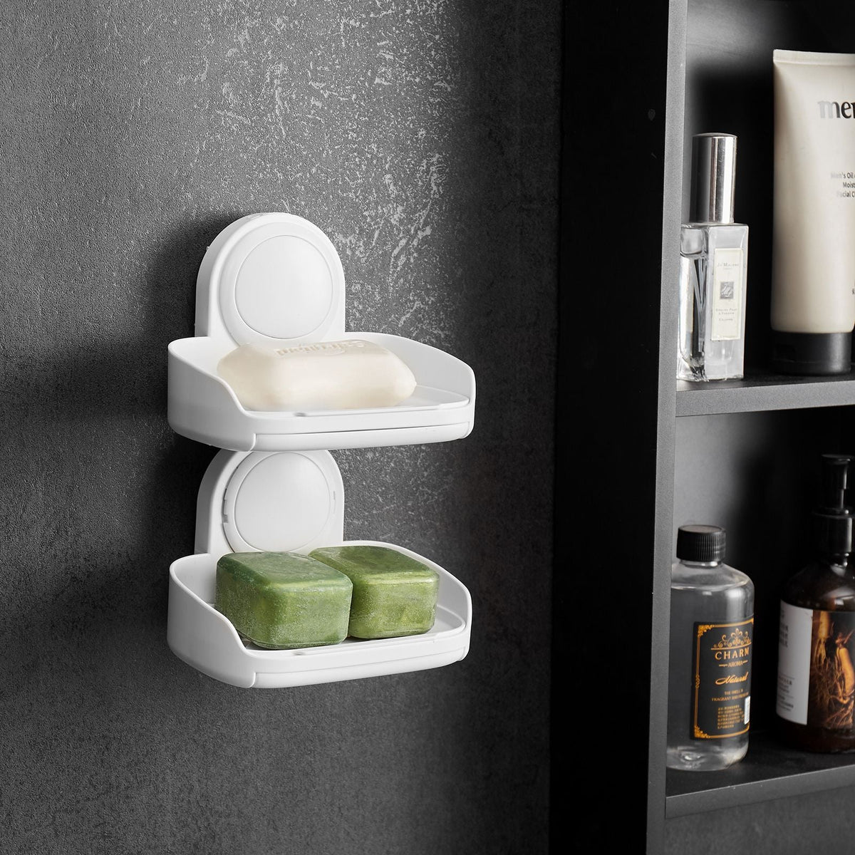 Soap Holder for Shower, Double Layer with Suction Cup, Wall Mounted NO-Drilling, Strong Suction Bar Soap Sponge Holder, Self Draining Soap Saver, for Shower Bathroom Bathtub Kitchen, Removable