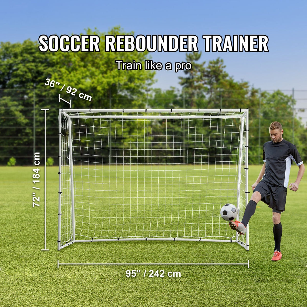 Soccer Rebound Trainer, 8x6FT Iron Soccer Training Equipment, Sports Football Rebounder Wall with Double-Sided Rebounding Net & Goal, Perfect for Backyard Practicing, Solo Training, Passing