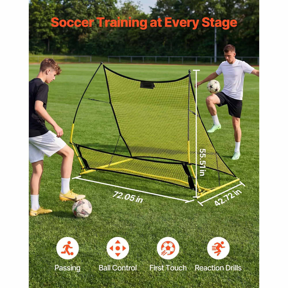 Soccer Rebounder Net, 2-in-1 Soccer Goal Rebounder, Thickened Fiberglass Poles Iron Pipe for Team Solo Control, Passing Practice, Easy Setup Ball Training Equipment for Teens & Adults, 72" x 43"