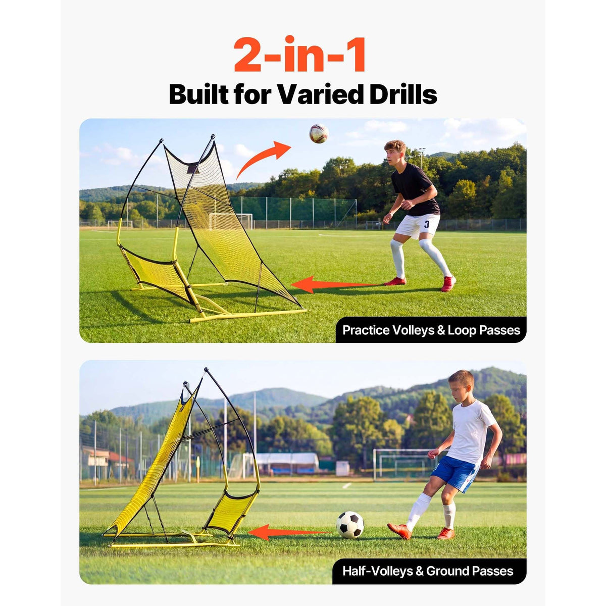 Soccer Rebounder Net, 2-in-1 Soccer Goal Rebounder, Thickened Fiberglass Poles Iron Pipe for Team Solo Control, Passing Practice, Easy Setup Ball Training Equipment for Teens & Adults, 72" x 43"