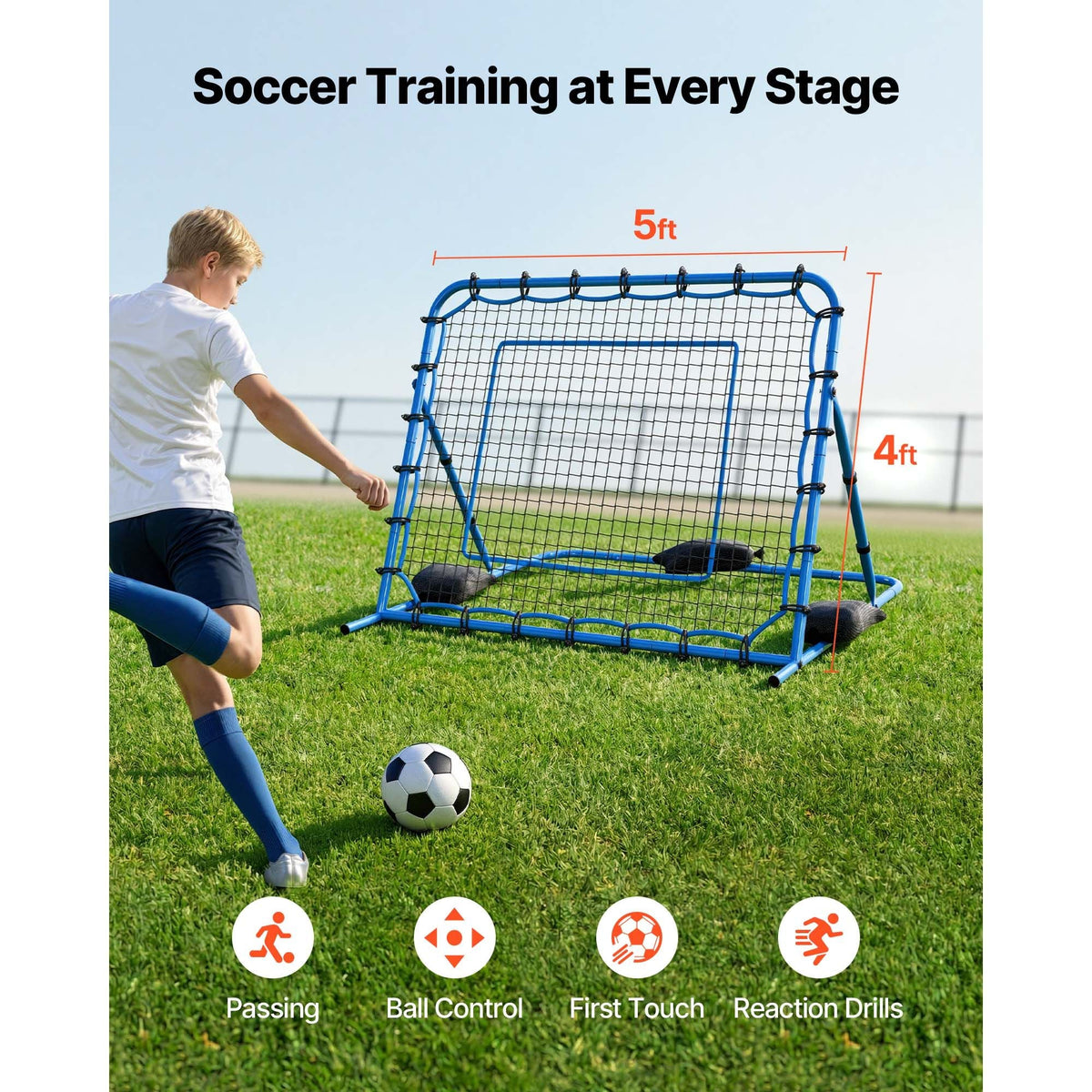 Soccer Rebounder Net, Quick-Switch Angle Soccer Goal Rebounder for Control, Passing Practice, Heavy-Duty Iron Frame & PE Net, Easy Setup Ball Training Aids & Equipment for Teens&Adults,5 x 4 ft