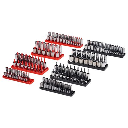 Socket Organizer Set, 8PCS High-Rod Socket Holder, 1/4'', 3/8'' & 1/2'' Metric SAE Socket Trays with Clear Labels, Hold up to 176PCS Standard & Deep Sockets, Black & Red (Socket Not Included)