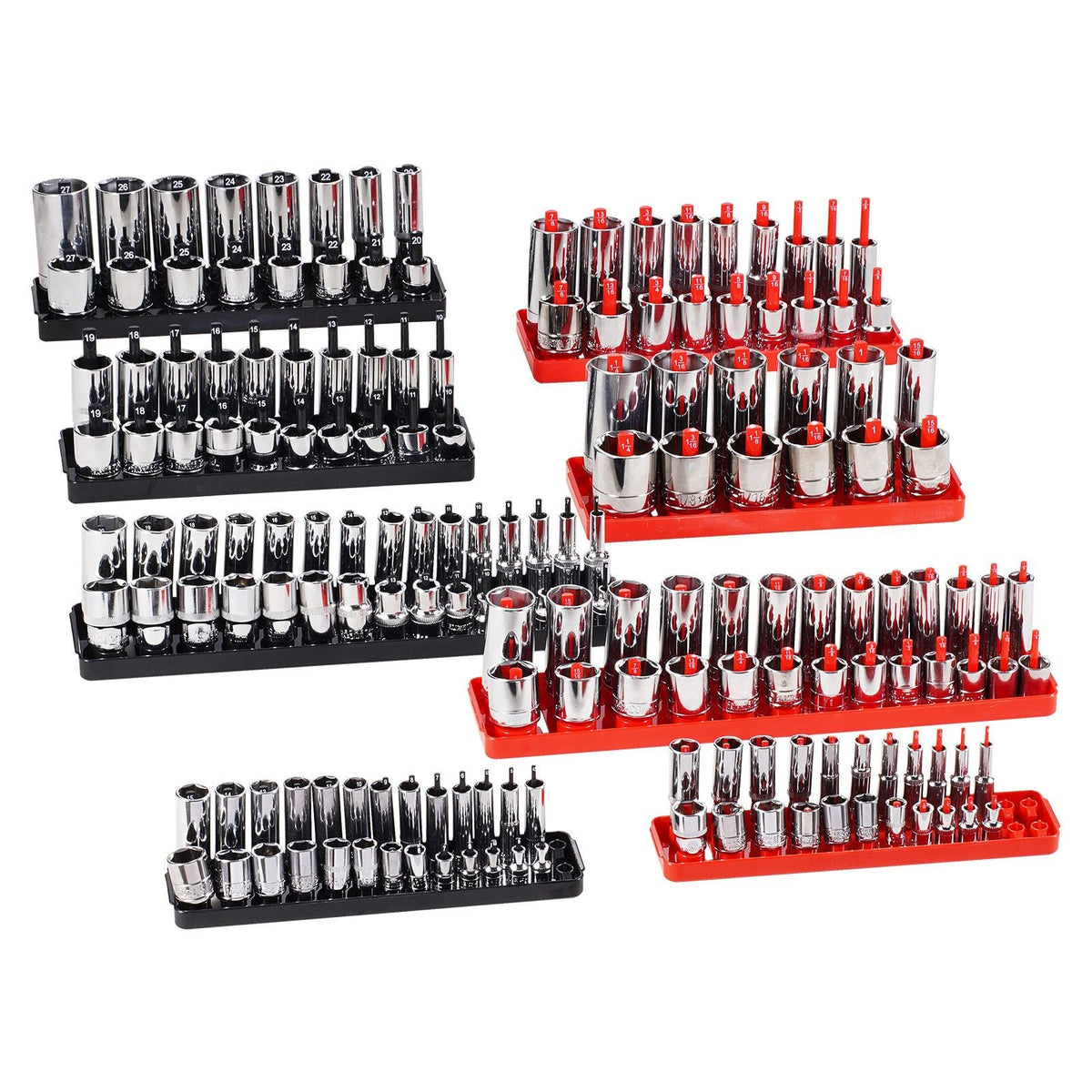 Socket Organizer Set, 8PCS High-Rod Socket Holder, 1/4'', 3/8'' & 1/2'' Metric SAE Socket Trays with Clear Labels, Hold up to 176PCS Standard & Deep Sockets, Black & Red (Socket Not Included)
