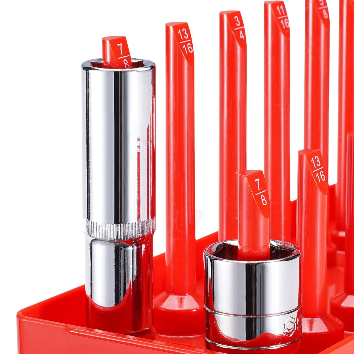 Socket Organizer Set, 8PCS High-Rod Socket Holder, 1/4'', 3/8'' & 1/2'' Metric SAE Socket Trays with Clear Labels, Hold up to 176PCS Standard & Deep Sockets, Black & Red (Socket Not Included)