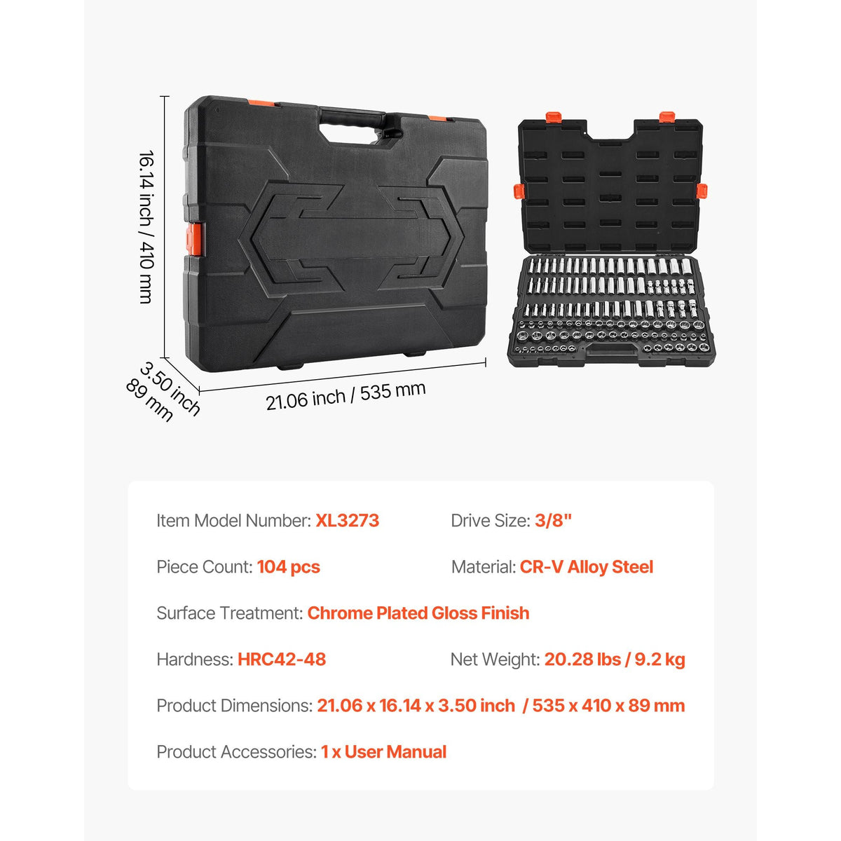 Socket Set, 104 Pieces, 3/8 inch Drive Socket Tool Set, Metric Size from 6 to 24 mm, Deep and Standard, Mechanic Tool Kit with Storage Case, Chrome Plated CR-V Alloy Steel, for Automotive Repair