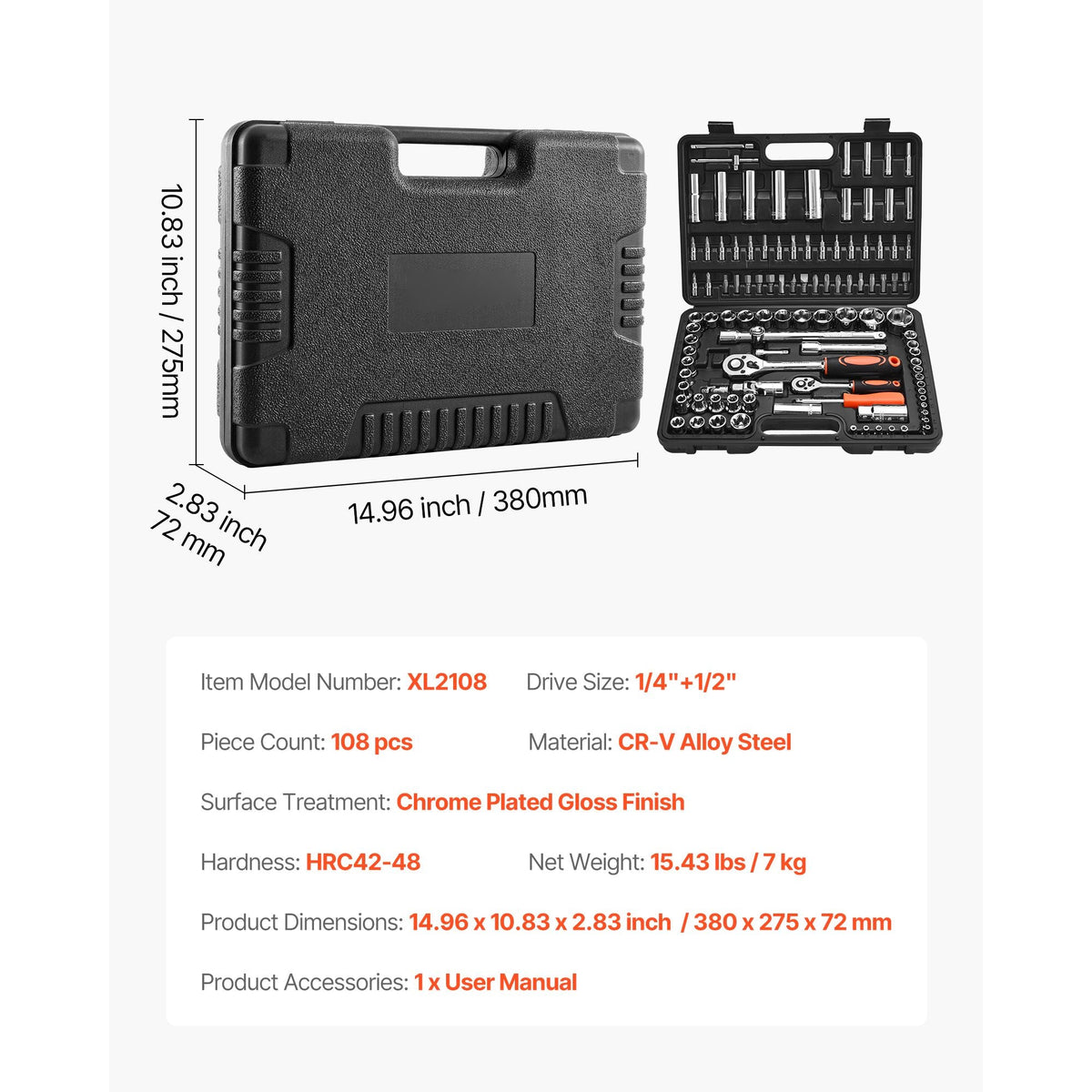 Socket Set, 108 Pieces, 1/4 & 1/2 inch Drive Socket and Ratchet Set, Metric Size from 4 to 32 mm, Mechanic Tool Kit with Bits, Accessories, Storage Case, CR-V Alloy Steel, for Automotive Repair