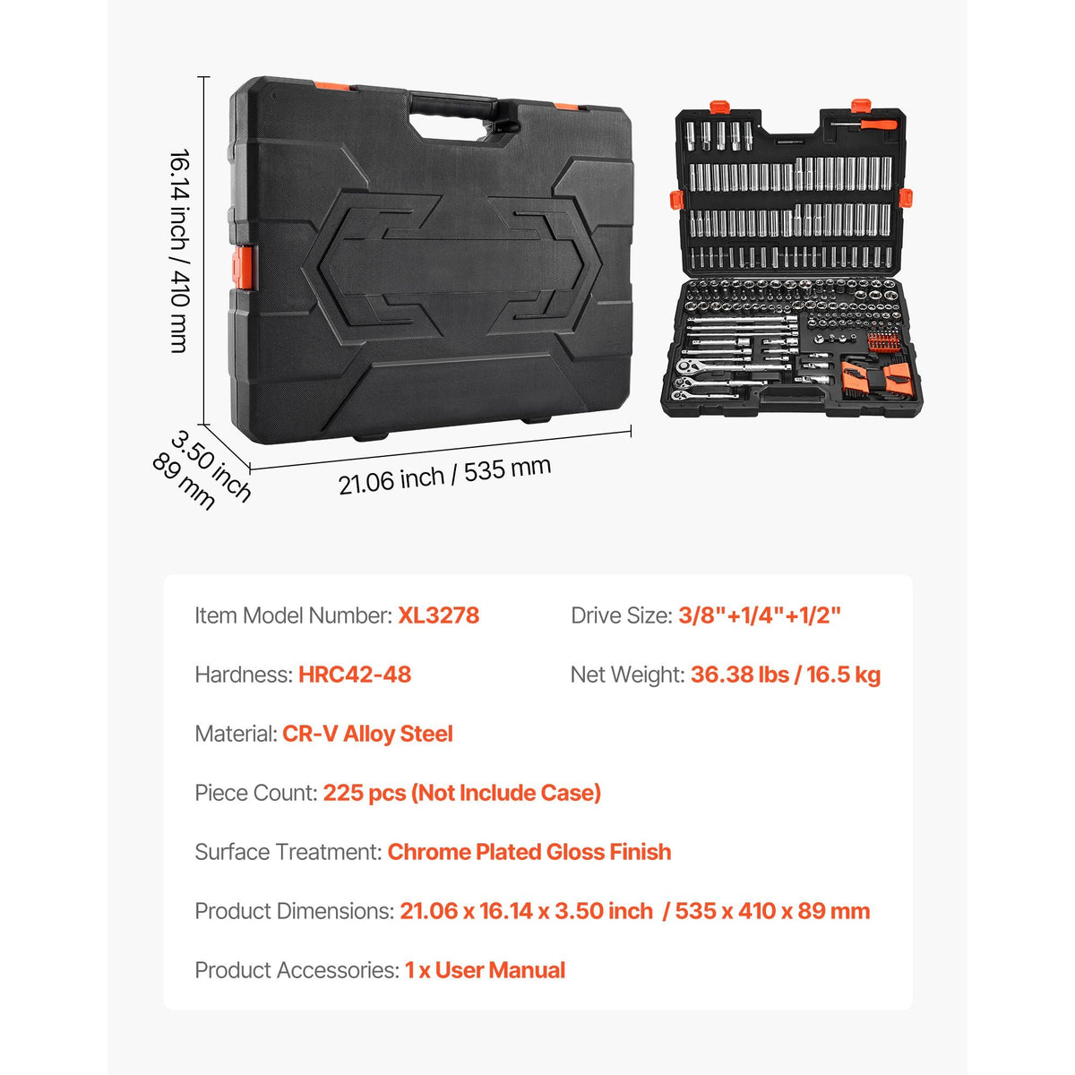 Socket Set, 225 Pieces, 3/8 & 1/4 & 1/2 inch Drive Socket and Ratchet Set, SAE and Metric, Deep and Shallow, Mechanic Tool Kit with Bits, Accessories, Storage Case, CR-V Alloy Steel, for Repair