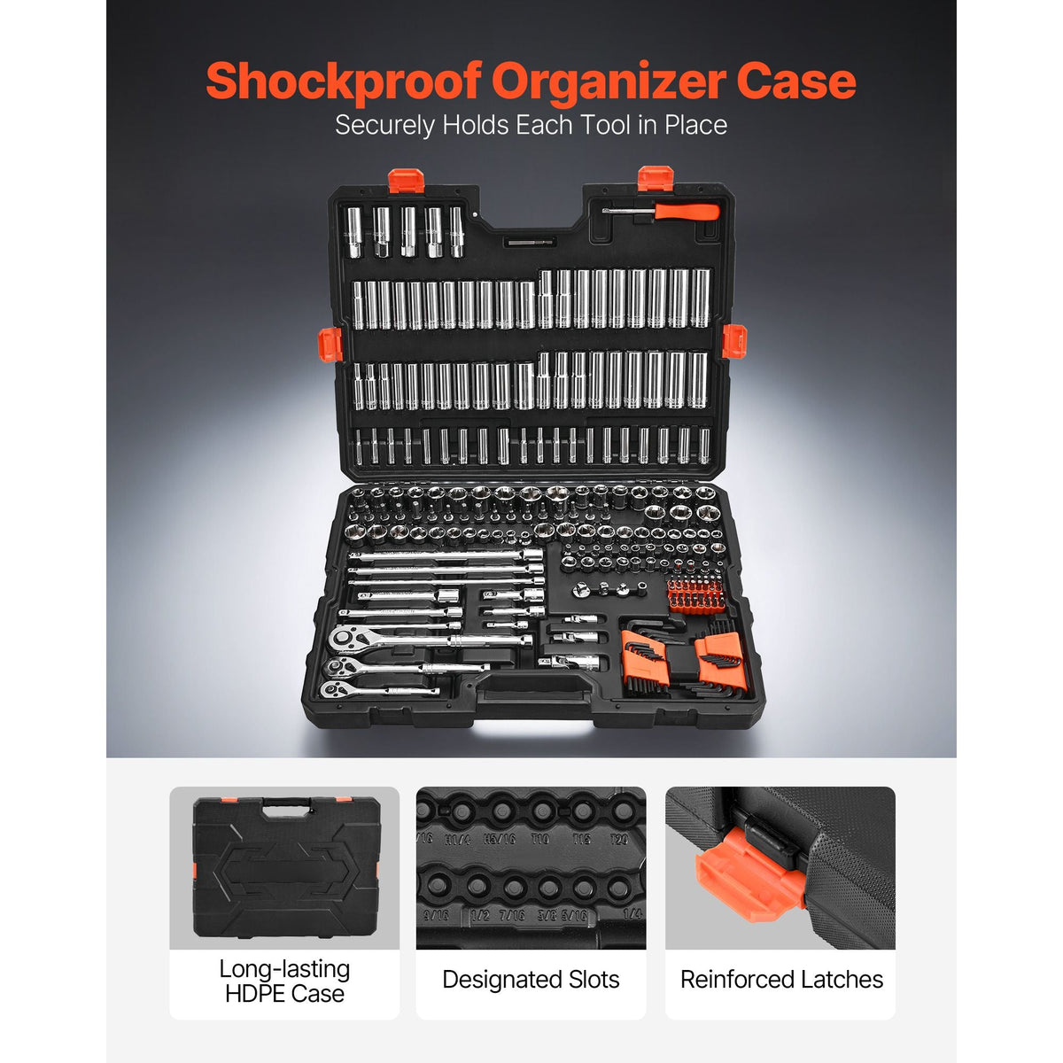Socket Set, 225 Pieces, 3/8 & 1/4 & 1/2 inch Drive Socket and Ratchet Set, SAE and Metric, Deep and Shallow, Mechanic Tool Kit with Bits, Accessories, Storage Case, CR-V Alloy Steel, for Repair