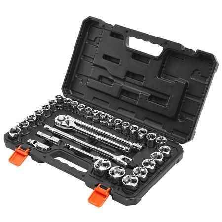 Socket Set, 33 Pieces, 1/2 inch Drive Socket and Ratchet Set, SAE and Metric, Mechanic Tool Kit with Ratchet Wrench, Extension Bar and Storage Case, CR-V Alloy Steel, for Automotive Repair