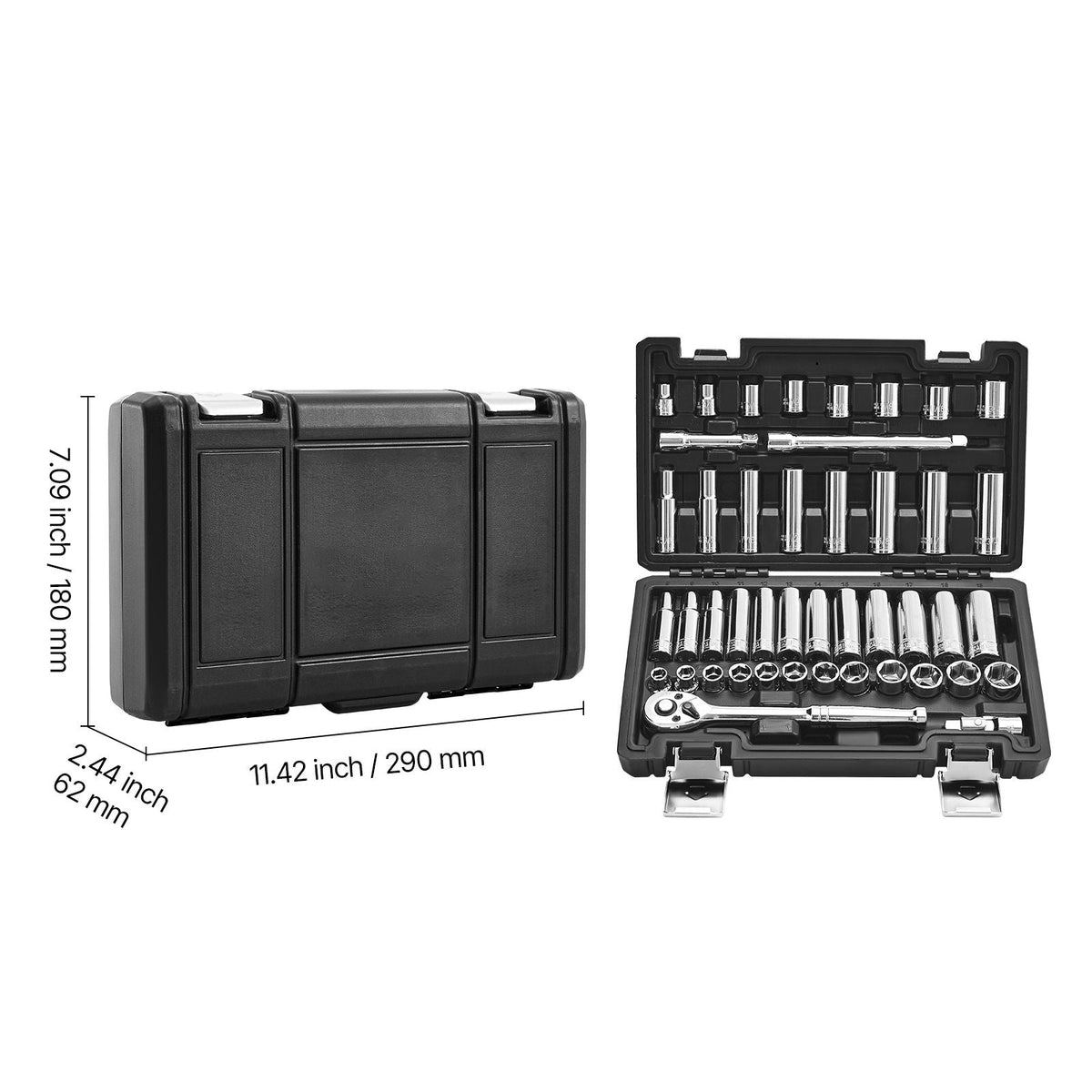 Socket Set, 44 Pieces, 3/8 inch Drive Socket and Ratchet Set, SAE and Metric, Deep and Shallow, Mechanic Tool Kit with Accessories and Storage Case, CR-V Alloy Steel, for Automotive Repair