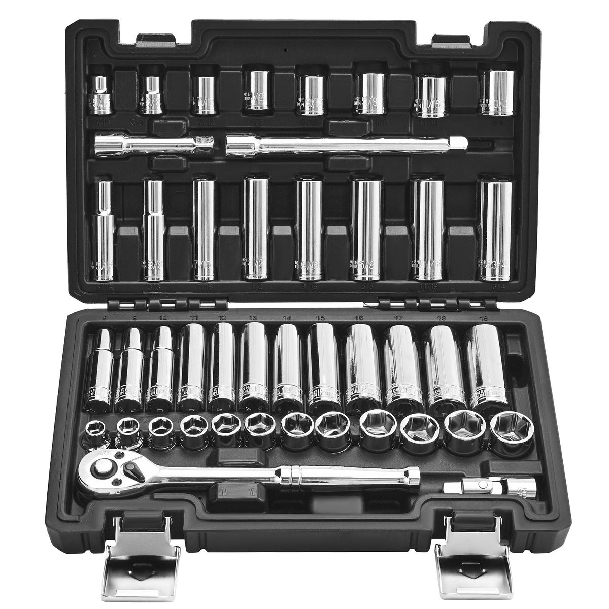 Socket Set, 44 Pieces, 3/8 inch Drive Socket and Ratchet Set, SAE and Metric, Deep and Shallow, Mechanic Tool Kit with Accessories and Storage Case, CR-V Alloy Steel, for Automotive Repair