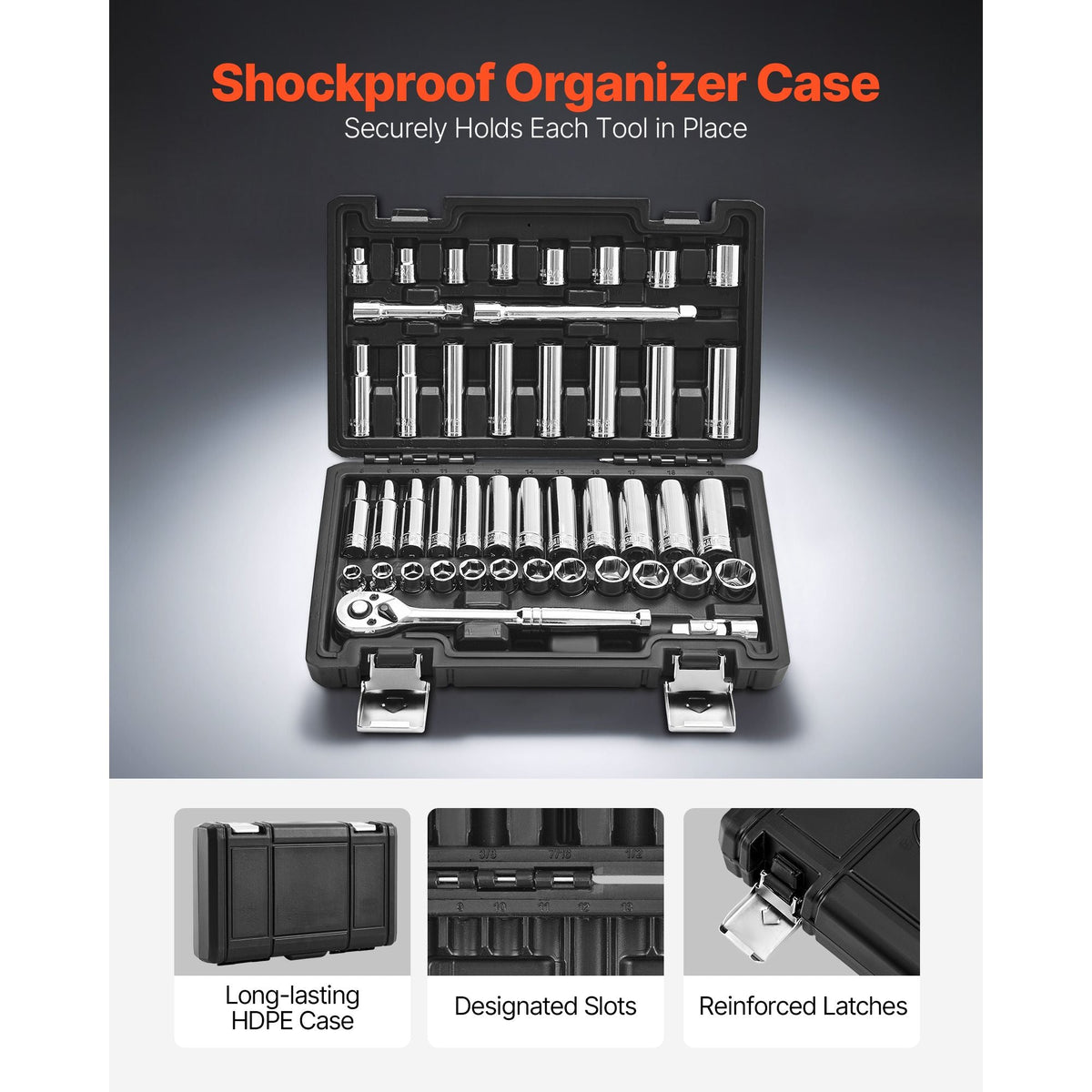 Socket Set, 44 Pieces, 3/8 inch Drive Socket and Ratchet Set, SAE and Metric, Deep and Shallow, Mechanic Tool Kit with Accessories and Storage Case, CR-V Alloy Steel, for Automotive Repair