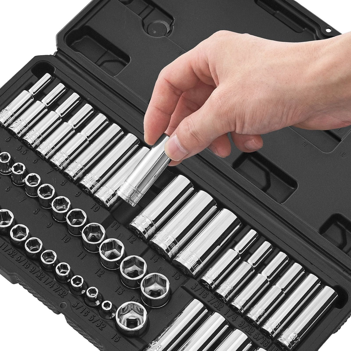 Socket Set, 46 Pieces, 1/4 inch Drive Socket Tool Set, SAE and Metric Size, Deep and Standard, Mechanic Tool Kit with Storage Case, Chrome Plated CR-V Alloy Steel, for Automotive Repair
