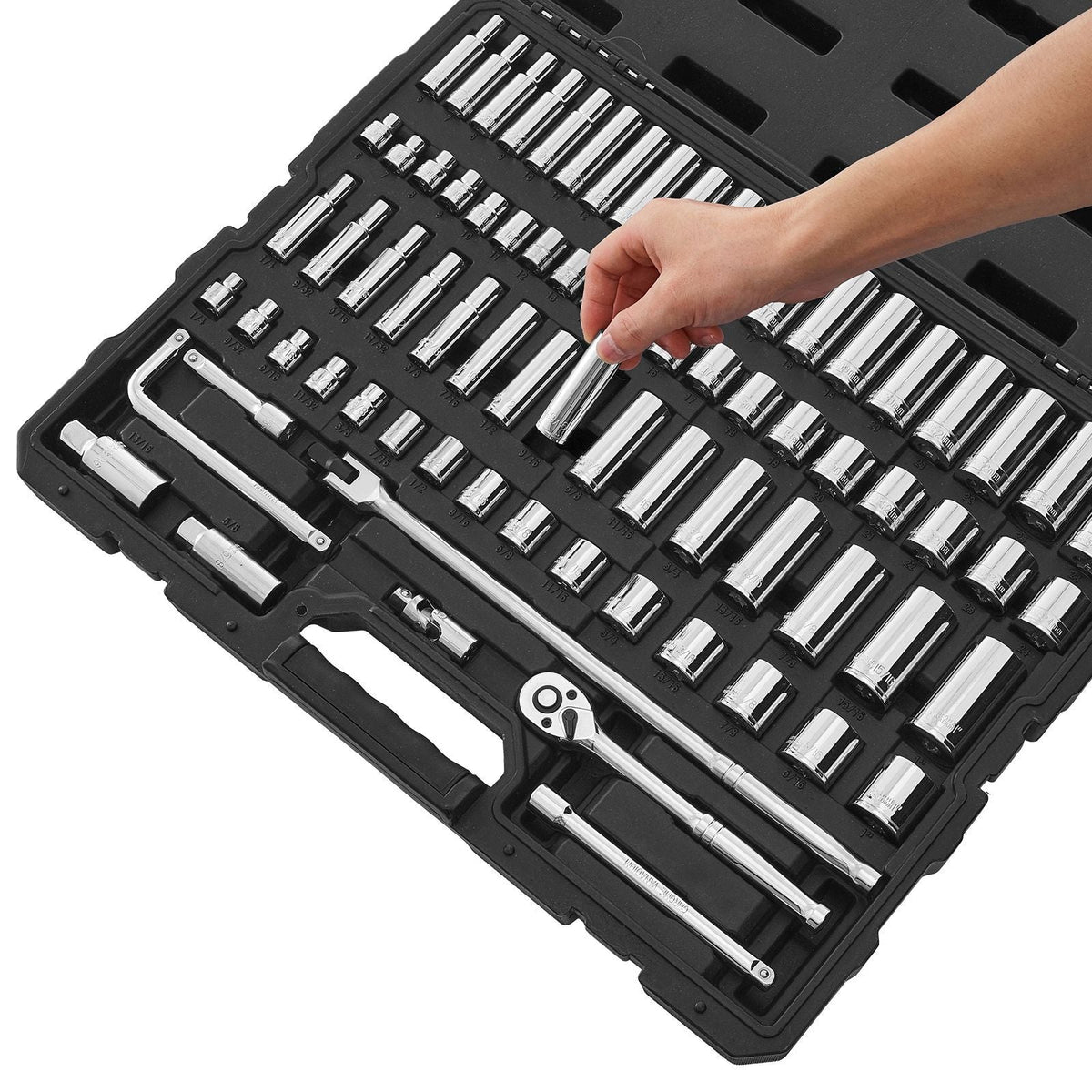 Socket Set, 76 Pieces, 3/8 inch Drive Socket and Ratchet Set, SAE and Metric, Deep and Shallow, Mechanic Tool Kit with Accessories and Storage Case, CR-V Alloy Steel, for Automotive Repair