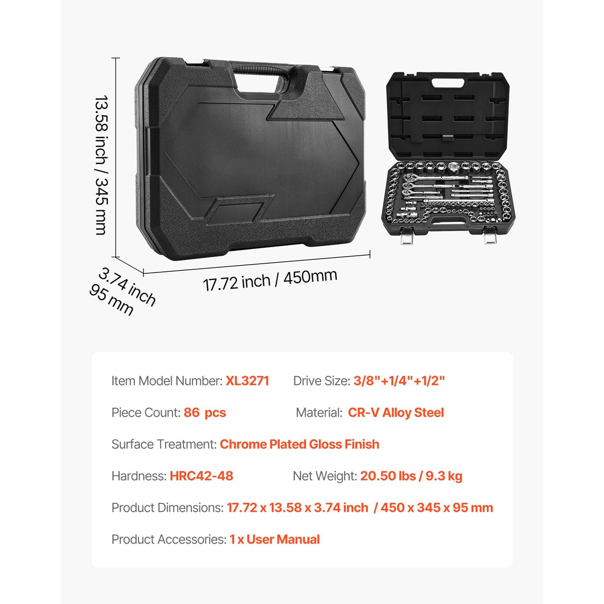 Socket Set, 86 Pieces, 3/8 & 1/4 & 1/2 inch Drive Socket and Ratchet Set, SAE and Metric, Mechanic Tool Kit with Ratchet Wrench, Accessories and Storage Case, CR-V Alloy Steel, for Auto Repair