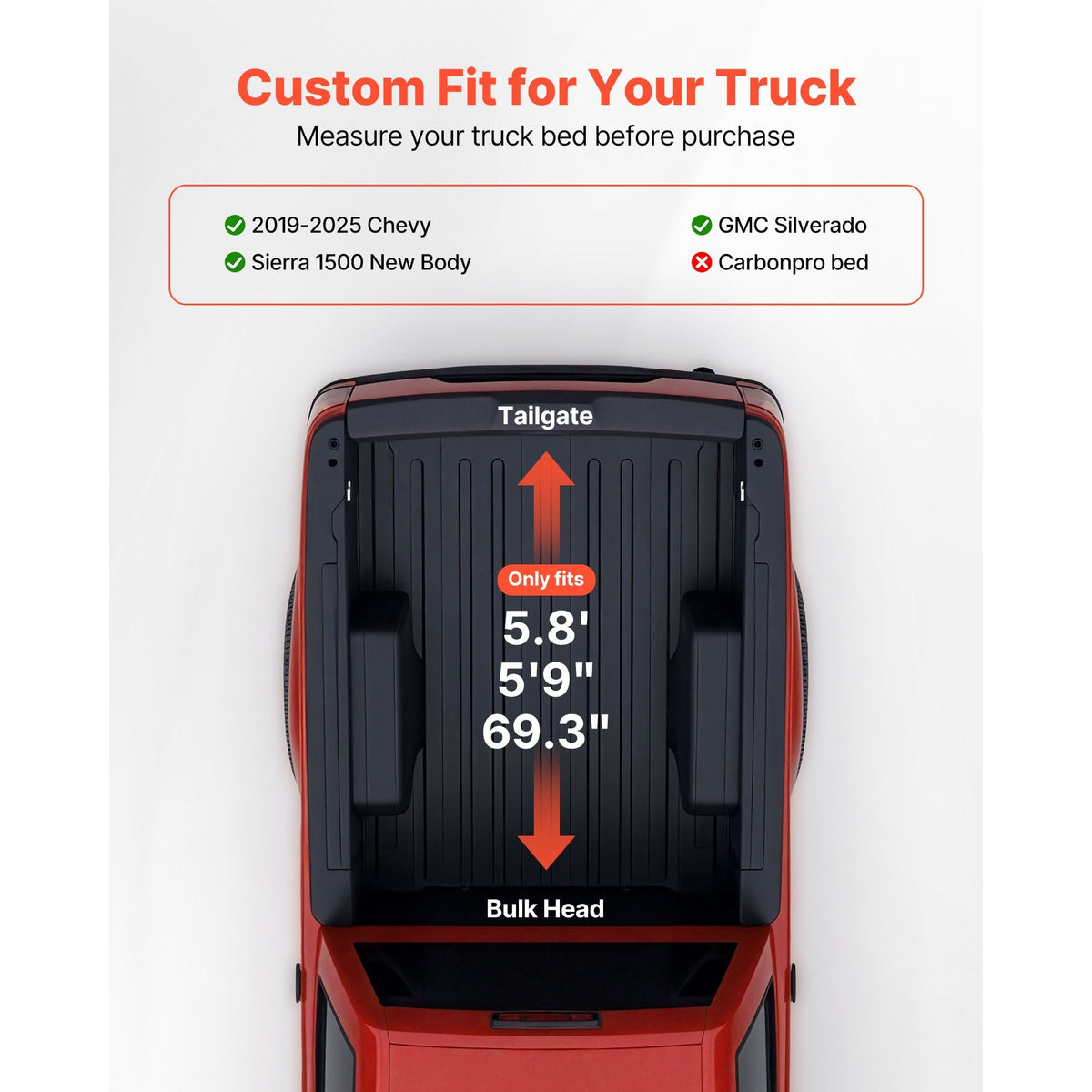 Soft Roll-Up Truck Bed Tonneau Cover, Compatible with 2019-2025 Chevy Silverado/GMC Sierra 1500 New Body, Fits 5.8 ft (5 ft 9 in/69.3 in) Bed, PVC Tonneau Cover with Aluminum Alloy Support Bars