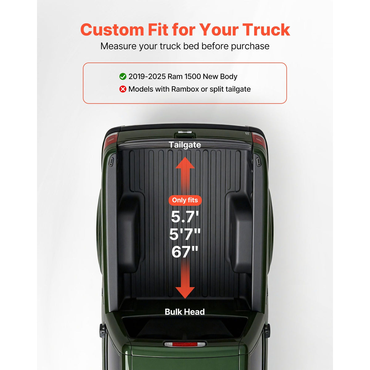 Soft Roll-Up Truck Bed Tonneau Cover, Compatible with 2019-2025 Ram 1500 New Body, Fits 5.7 ft (5 ft 7 in/67 in) Bed Without Rambox or Split Tailgate, PVC Tonneau Cover with Aluminum Alloy Bars