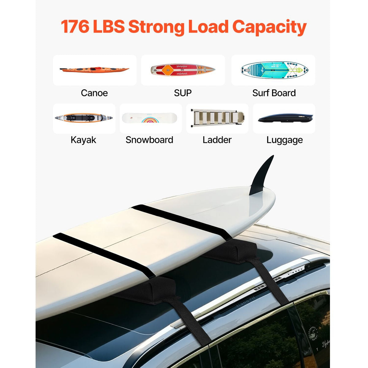 Soft Roof Rack Pads, 15.5-Inch Universal Car Roof Rack Pads, 176LBS Loading Capacity Luggage Kayak Carrier with Portable Storage Bag for SUP Canoe Snowboard Paddle Board Surfboard