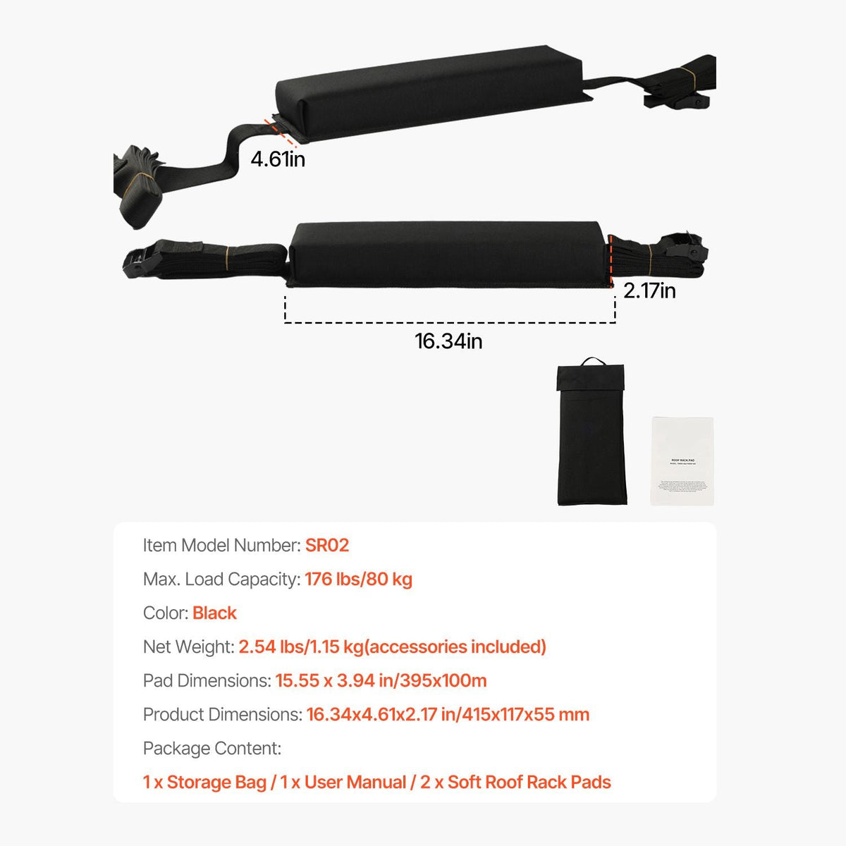Soft Roof Rack Pads, 15.5-Inch Universal Car Roof Rack Pads, 176LBS Loading Capacity Luggage Kayak Carrier with Portable Storage Bag for SUP Canoe Snowboard Paddle Board Surfboard