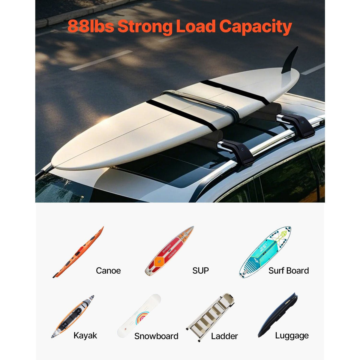 Soft Roof Rack Pads, 28" Universal Car Roof Rack Pads for Various Crossbars, 88LBS Load Capacity Luggage Kayak Carrier with 2 Tie Down Straps & Velcros for SUPs Canoes Snowboards Paddle Boards