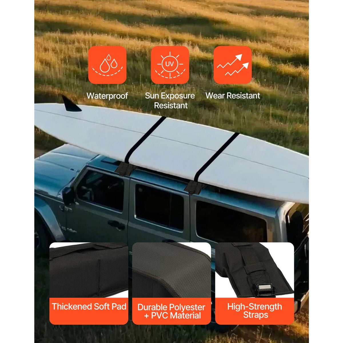 Soft Roof Rack Pads, 31.5" Universal Car Roof Rack Pad, 176LBS Load Capacity Luggage Kayak Carrier with 4 Tie-Down Straps, 2 Quick Loop Straps & Storage Bag for SUP Canoe Snowboard Paddle Board