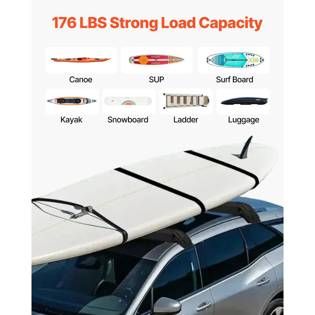 Soft Roof Rack Pads, 31.5" Universal Car Roof Rack Pad, 176LBS Load Capacity Luggage Kayak Carrier with 4 Tie-Down Straps, 2 Quick Loop Straps & Storage Bag for SUP Canoe Snowboard Paddle Board
