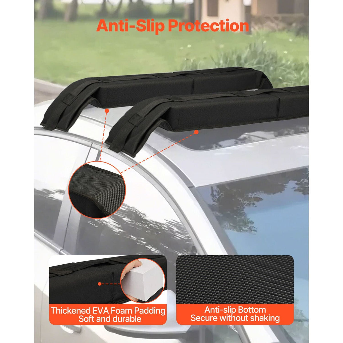 Soft Roof Rack Pads, 31.5" Universal Car Roof Rack Pad, 176LBS Load Capacity Luggage Kayak Carrier with 4 Tie-Down Straps, 2 Quick Loop Straps & Storage Bag for SUP Canoe Snowboard Paddle Board