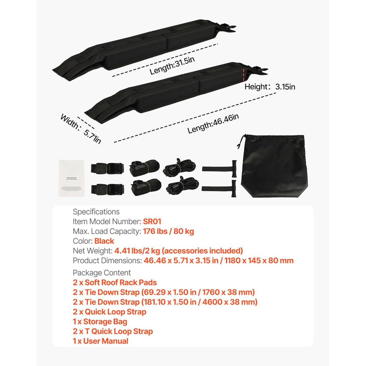 Soft Roof Rack Pads, 31.5" Universal Car Roof Rack Pad, 176LBS Load Capacity Luggage Kayak Carrier with 4 Tie-Down Straps, 2 Quick Loop Straps & Storage Bag for SUP Canoe Snowboard Paddle Board