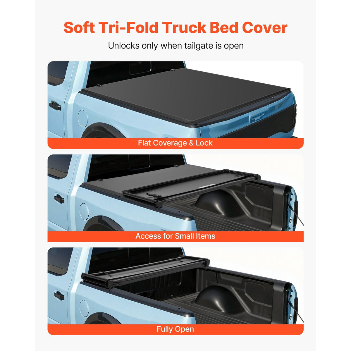 Soft Tri-Fold Truck Bed Tonneau Cover, Compatible with 2016-2023 Toyota Tacoma (Excl. Trail Edition) 5 ft (60.5 in) Bed with Track Rail System, Fleetside, Waterproof Folding Truck Tonneau Cover