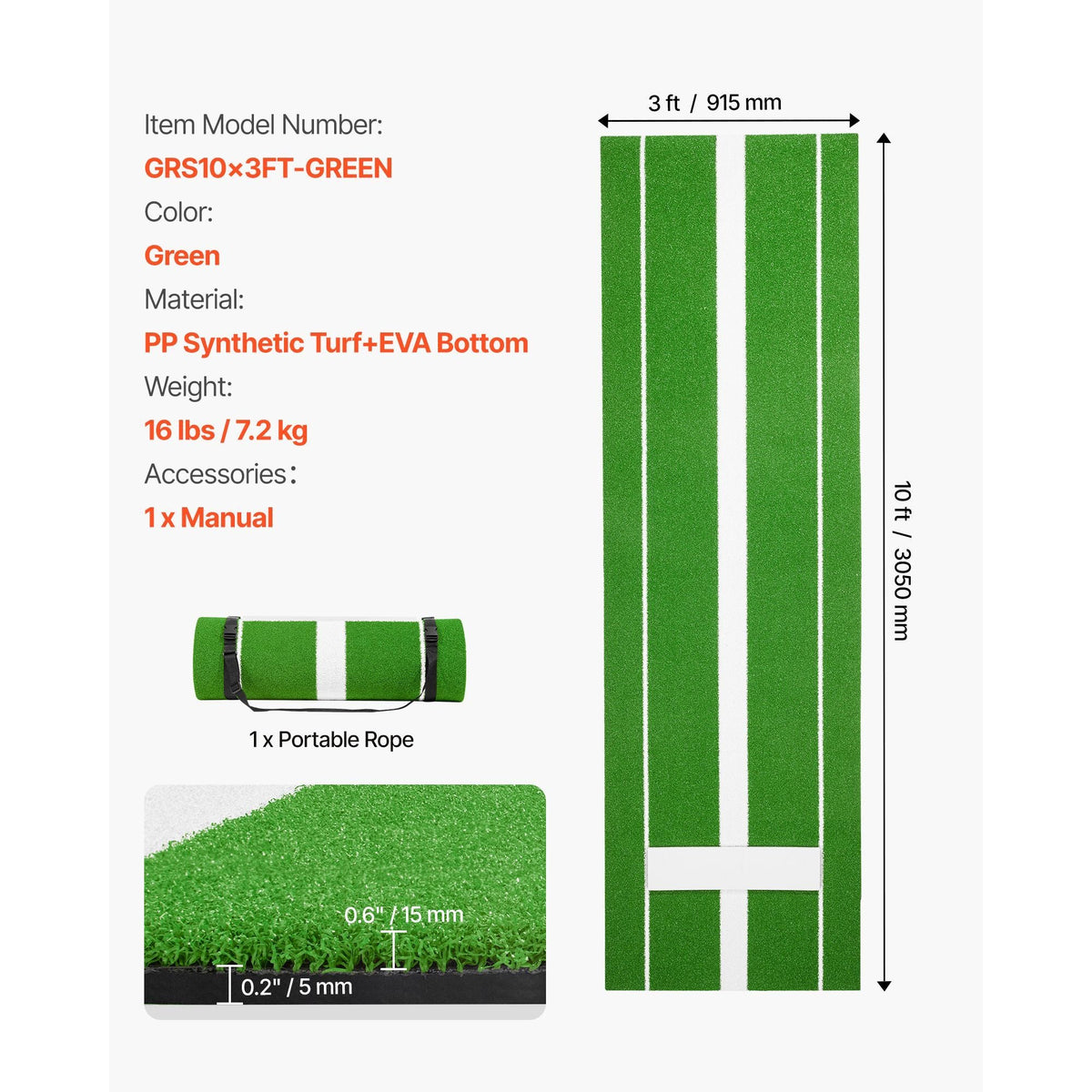 Softball Pitching Mat, 10x3 ft Baseball Pitching Rubber Mound, Antifade Turf and Antislip Foam Backing Portable Training Aid, Fastpitch Equipment for Pitchers Indoor Outdoor Practice, Green