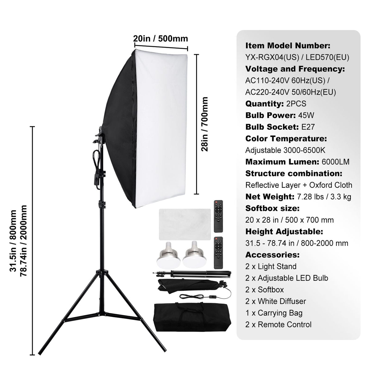 Softbox Lighting Kit, 20" x 28", Professional Softbox with 45W 3000-6500K LED Bulbs, 3 Continuous Lighting Effects, Tripod Stand, Remote Control, Studio Lights for shooting, Live Streaming