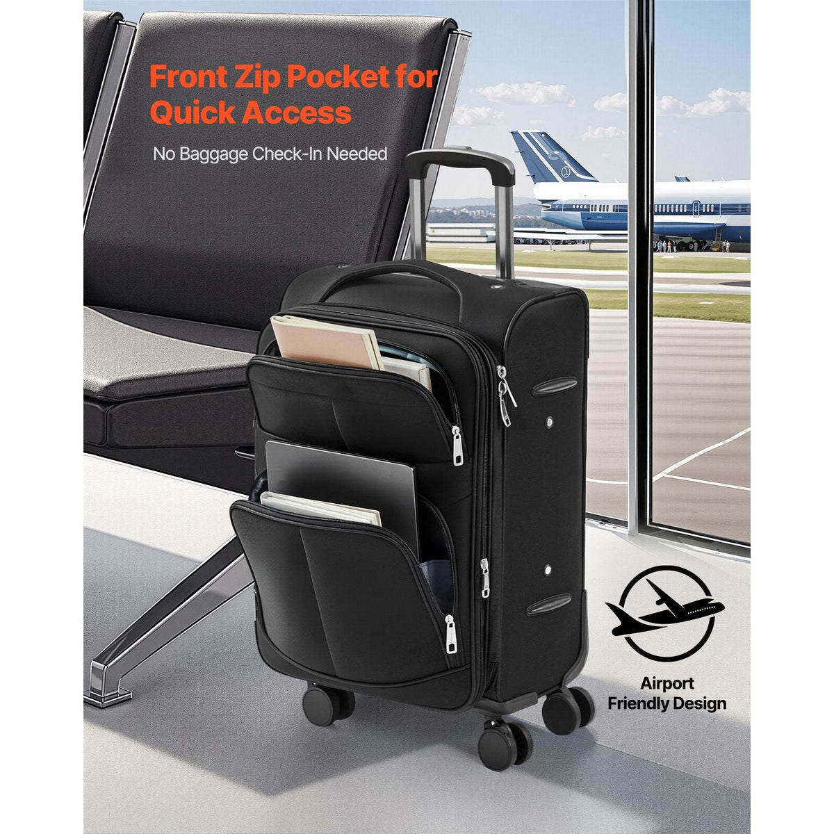 Softside Expandable Luggage with Spinner Wheels, 20-Inch Softside Carry on Luggage, Lightweight Checked Suitcase with Expandable Zippered Pocket and TSA Lock, Black