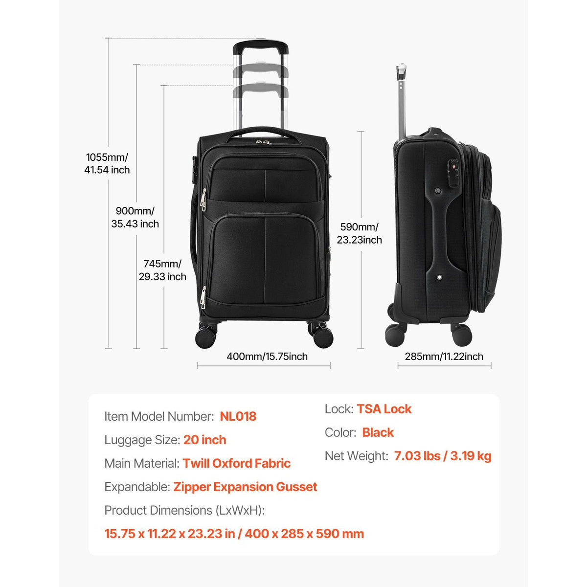 Softside Expandable Luggage with Spinner Wheels, 20-Inch Softside Carry on Luggage, Lightweight Checked Suitcase with Expandable Zippered Pocket and TSA Lock, Black