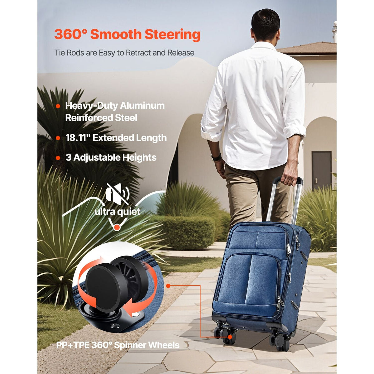 Softside Expandable Luggage with Spinner Wheels, 20-Inch Softside Carry on Luggage, Lightweight Checked Suitcase with Expandable Zippered Pocket and TSA Lock, Blue