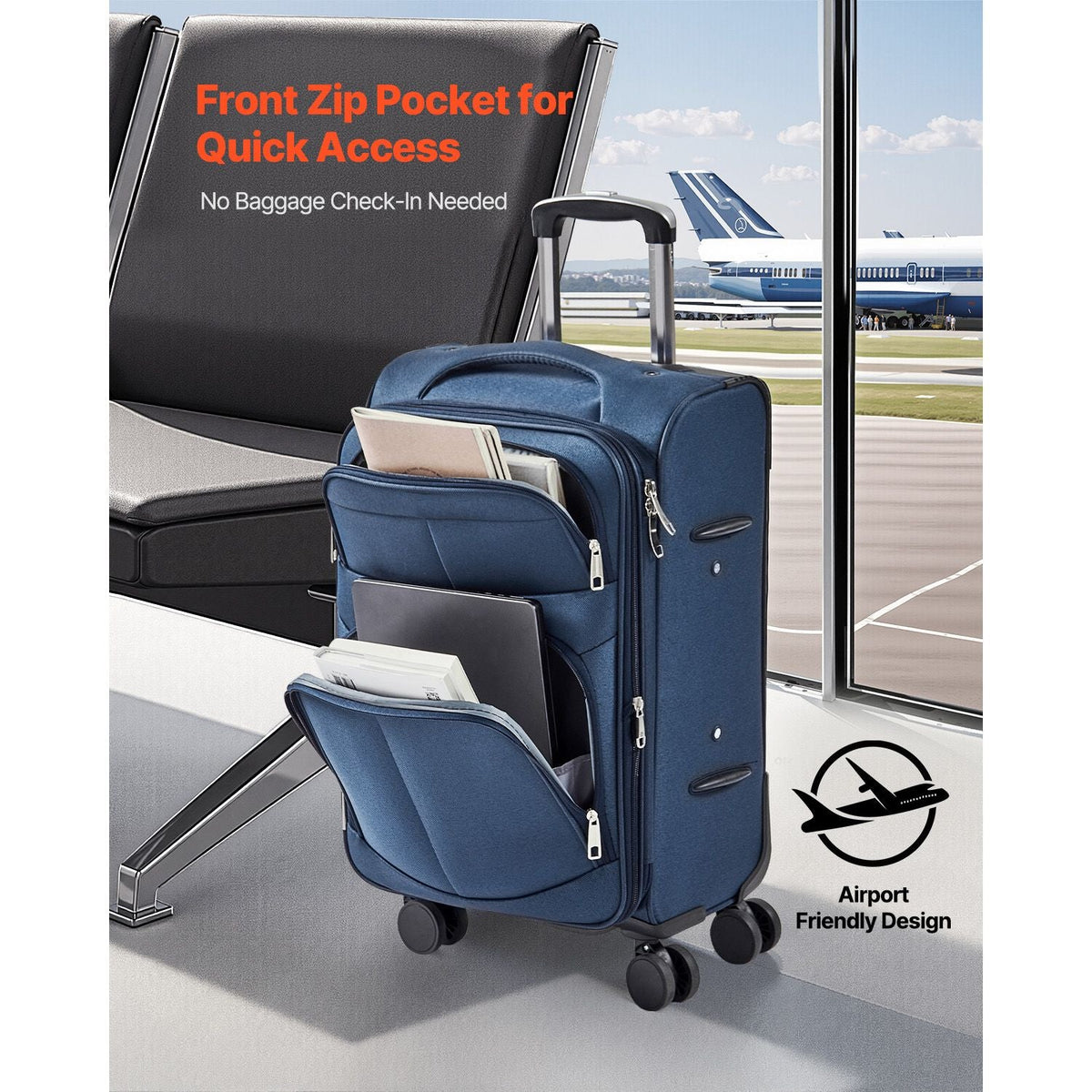 Softside Expandable Luggage with Spinner Wheels, 20-Inch Softside Carry on Luggage, Lightweight Checked Suitcase with Expandable Zippered Pocket and TSA Lock, Blue