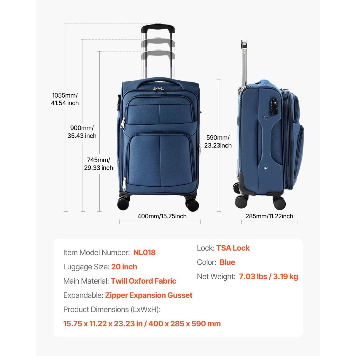 Softside Expandable Luggage with Spinner Wheels, 20-Inch Softside Carry on Luggage, Lightweight Checked Suitcase with Expandable Zippered Pocket and TSA Lock, Blue