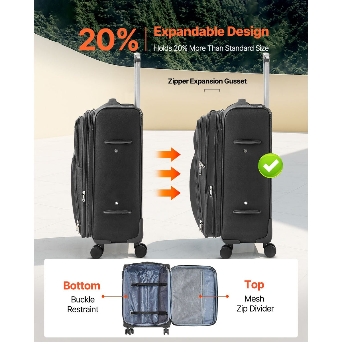 Softside Expandable Luggage with Spinner Wheels, 24-Inch Softside Checked Medium Luggage, Lightweight Checked Suitcase with Expandable Zippered Pocket and TSA Lock, Black