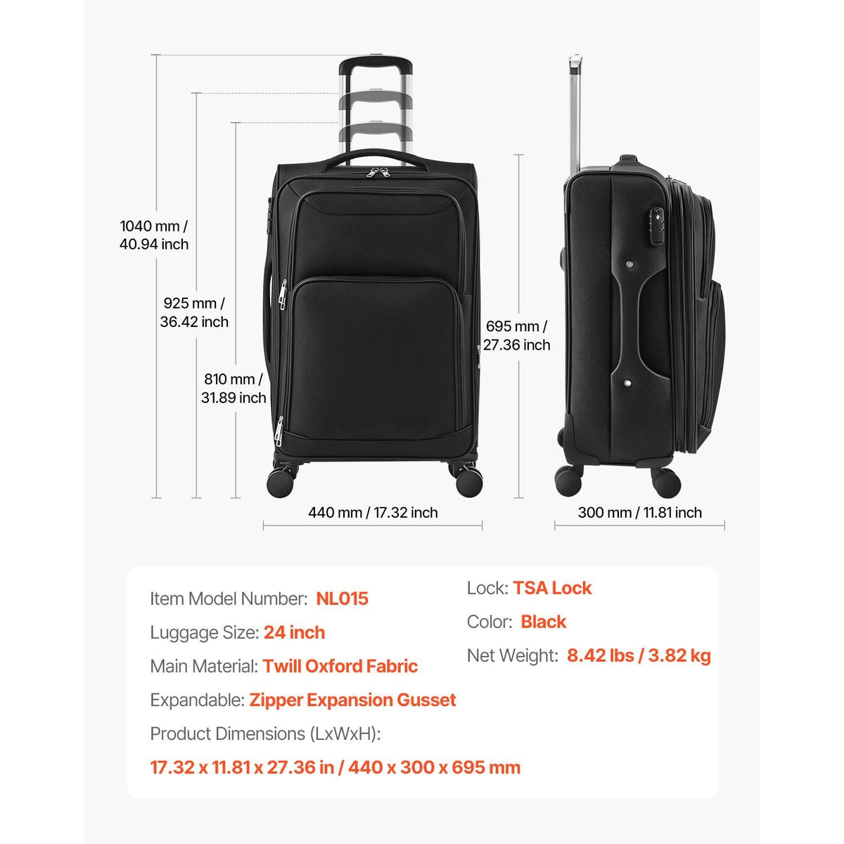 Softside Expandable Luggage with Spinner Wheels, 24-Inch Softside Checked Medium Luggage, Lightweight Checked Suitcase with Expandable Zippered Pocket and TSA Lock, Black