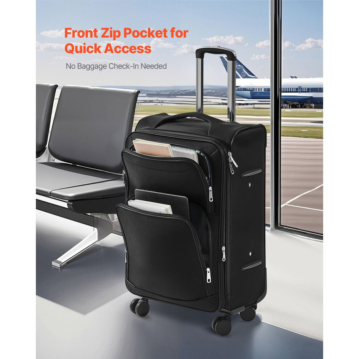 Softside Expandable Luggage with Spinner Wheels, 24-Inch Softside Checked Medium Luggage, Lightweight Checked Suitcase with Expandable Zippered Pocket and TSA Lock, Black