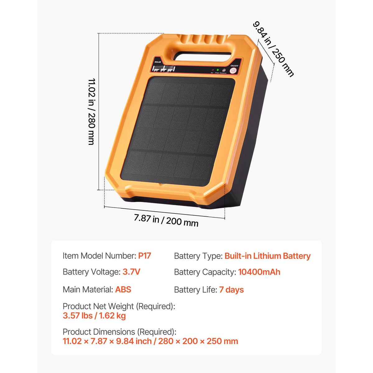 Solar Fence Charger, 0.3J 8 kV Solar Powered Fence Charger, 1.86 Miles Range, Weather-Resistant Electric Fence Energizer Kit, 7 Days Runtime, for Livestock, Poultry, Garden Protection