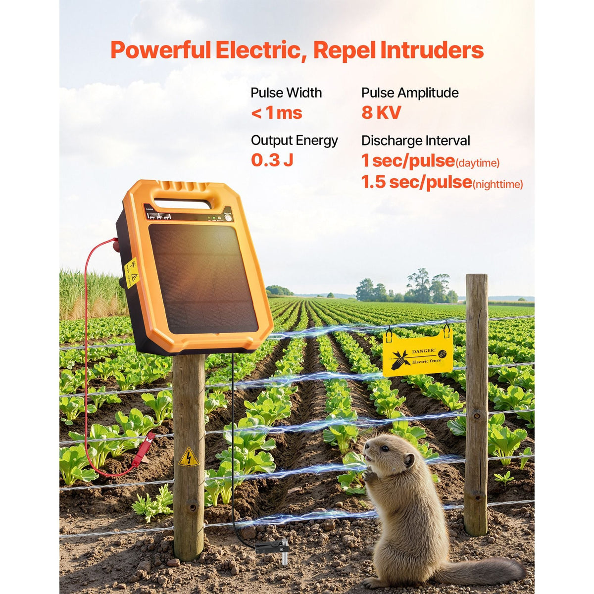 Solar Fence Charger, 0.3J 8 kV Solar Powered Fence Charger, 1.86 Miles Range, Weather-Resistant Electric Fence Energizer Kit, 7 Days Runtime, for Livestock, Poultry, Garden Protection