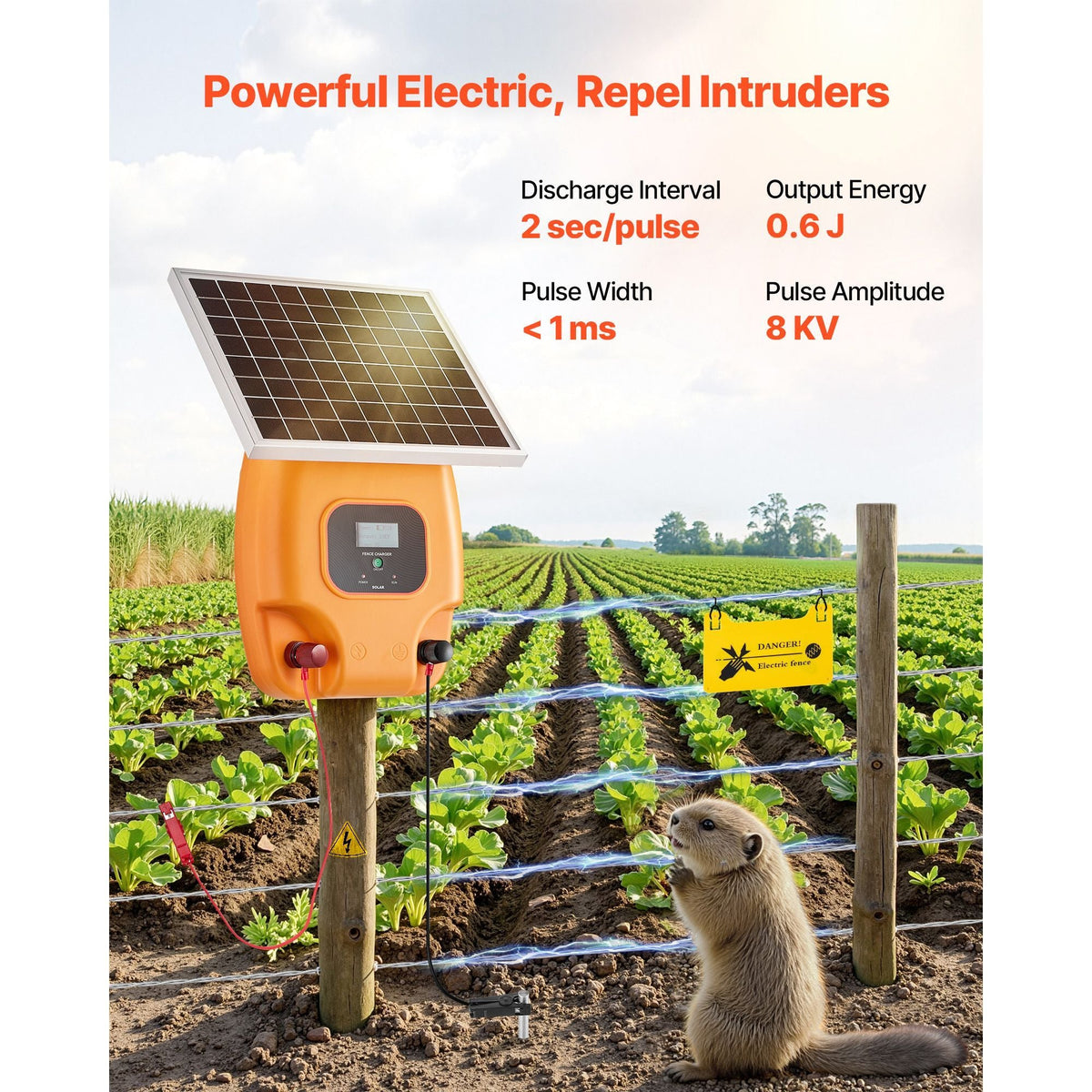 Solar Fence Charger, 0.6J 8kV Solar Powered Fence Charger, 1.86 Miles Range, Electric Fence Energizer Kit, Keep Out Predators, 4-5 Days Runtime, for Livestock, Poultry, Garden Protection