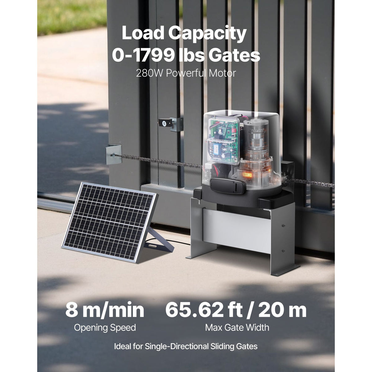Solar Gate Opener, 280W Electric Gate Opener for Doors up to 65.6ft 1799lbs, Chain Drive Sliding Fence Door Motor with Infrared Sensor & 2 Remote Controls, Driveway Gates Opening System