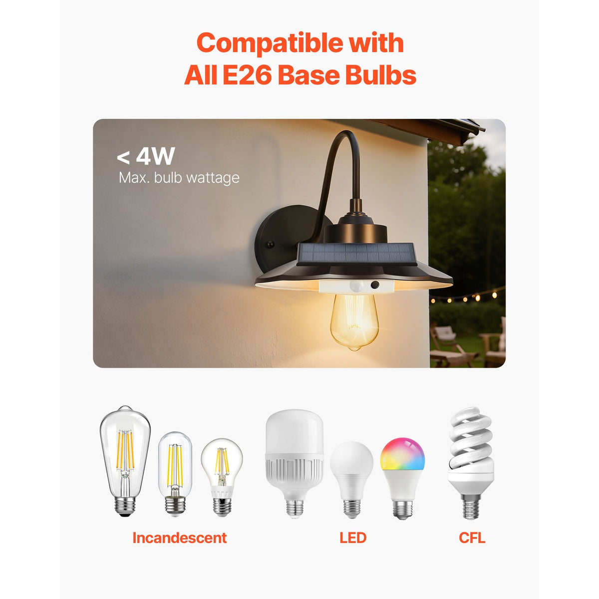 Solar Outdoor Barn Light, 3 Lighting Modes and Motion Sensor, 1-Pack Gooseneck Light Fixture,Farmhouse Wall Sconce, with E26 Bulb Compatible, Waterproof for Porch, House, Entryway, Garage, Black