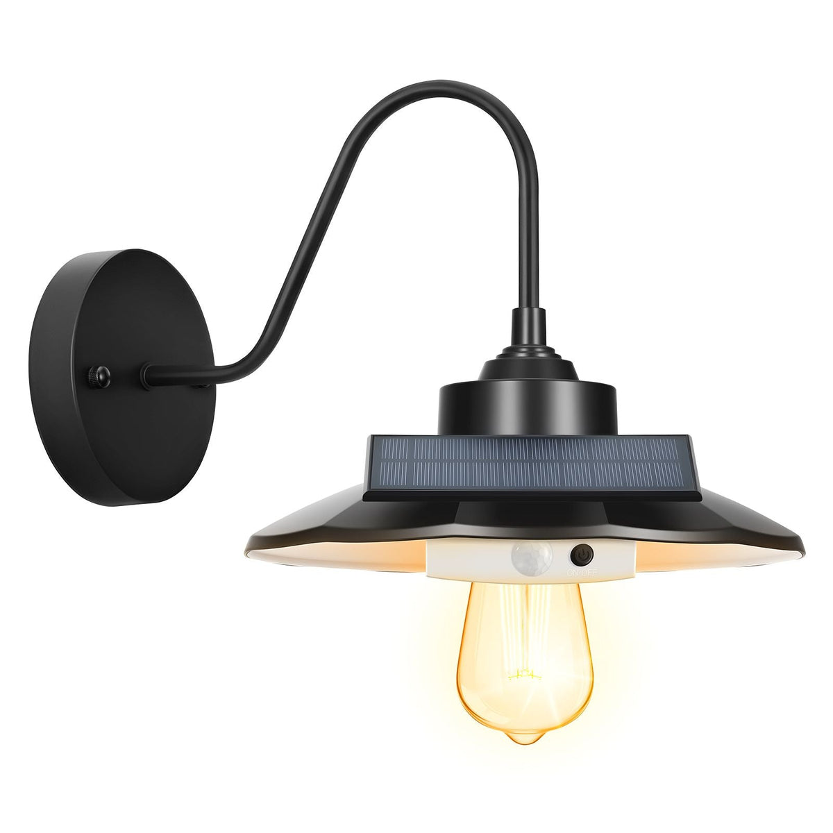 Solar Outdoor Barn Light, 3 Lighting Modes and Motion Sensor, 1-Pack Gooseneck Light Fixture,Farmhouse Wall Sconce, with E26 Bulb Compatible, Waterproof for Porch, House, Entryway, Garage, Black