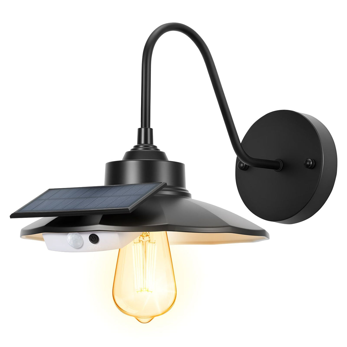 Solar Outdoor Barn Light, 3 Lighting Modes and Motion Sensor, 1-Pack Gooseneck Light Fixture,Farmhouse Wall Sconce, with E26 Bulb Compatible, Waterproof for Porch, House, Entryway, Garage, Black