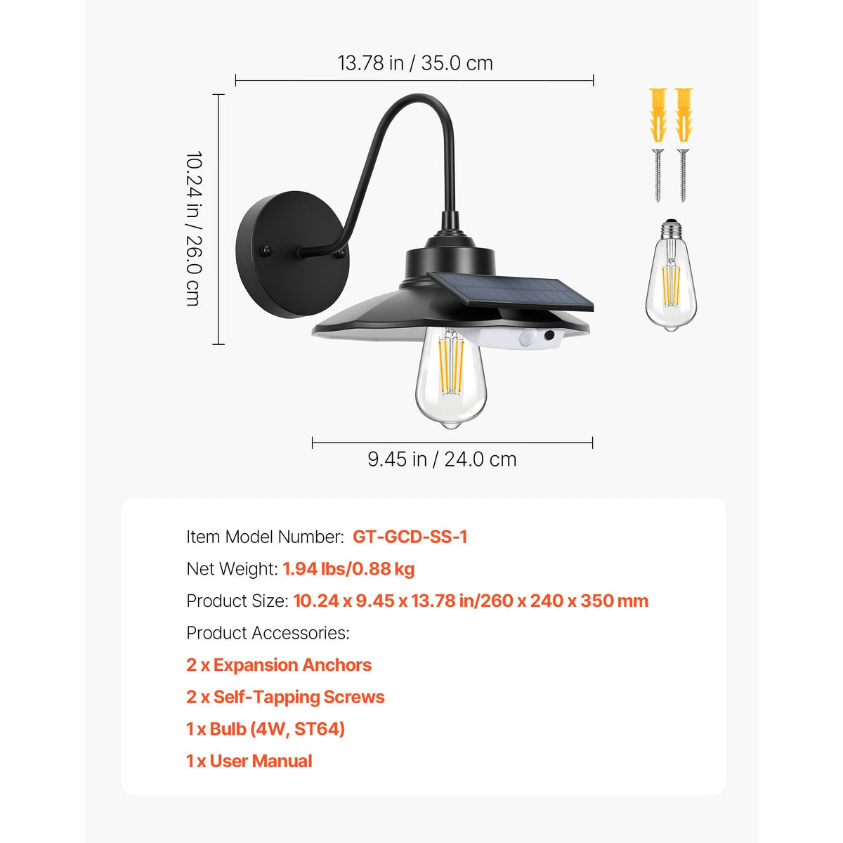 Solar Outdoor Barn Light, 3 Lighting Modes and Motion Sensor, 1-Pack Gooseneck Light Fixture,Farmhouse Wall Sconce, with E26 Bulb Compatible, Waterproof for Porch, House, Entryway, Garage, Black