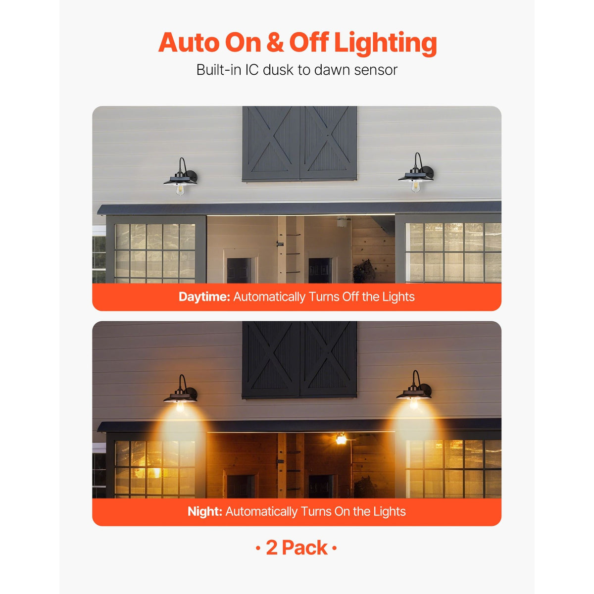 Solar Outdoor Barn Light, 3 Lighting Modes and Motion Sensor, 2-Pack Gooseneck Light Fixture, Farmhouse Wall Sconce, with E27 Bulb Compatible, Waterproof for Porch, House, Entryway, Black