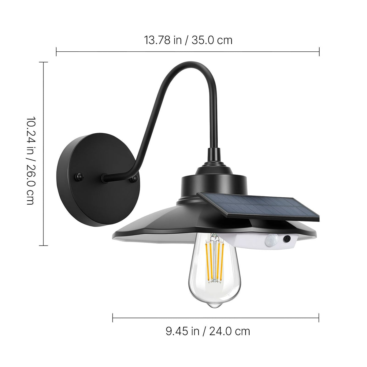 Solar Outdoor Barn Light, 3 Lighting Modes and Motion Sensor, 2-Pack Gooseneck Light Fixture, Farmhouse Wall Sconce, with E27 Bulb Compatible, Waterproof for Porch, House, Entryway, Black